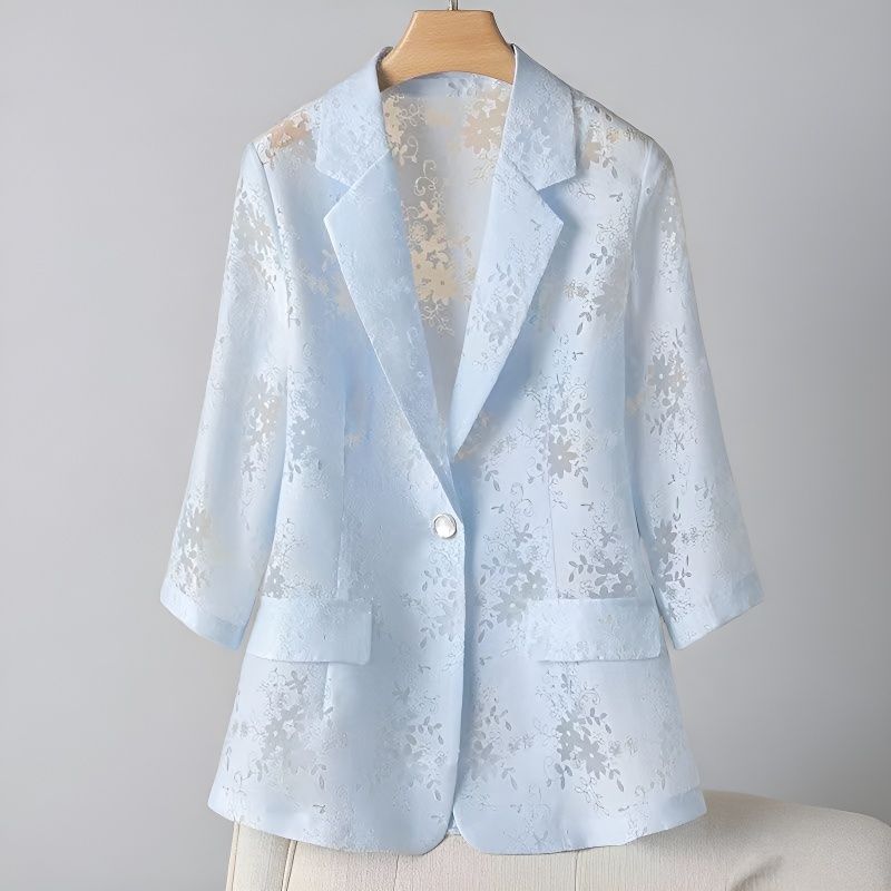 Женский Блейзер Большого Размера Летний Тонкий Защита от Солнца Приталенный Ажурный Кружевной Блейзер с Рукавами Три Четверти Топ M синий