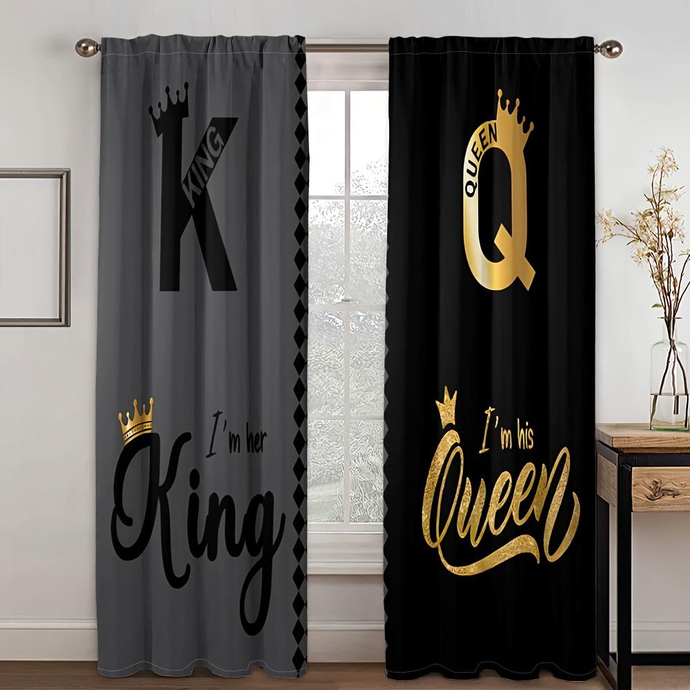 Set Of 2 Modern King Queen Black Text Gold Crown Curtains Abstract Art Design Living Room Decor Curtain For Made Polyester