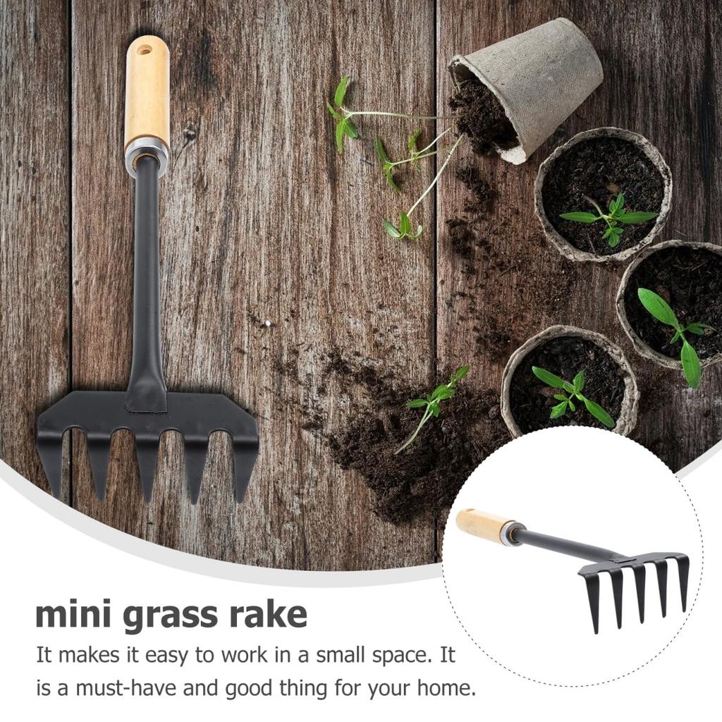 Lurrose 32cm Mini Iron Garden Rake with 5 for Loosening Soil and Mixing Gardening Hand Tool Teeth, Fertilizer,