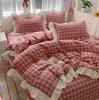 Princess Style Crinkled Gauze Lace Bedding Set - 4-Piece Washable Cotton Plaid Double Duvet Cover for All Seasons