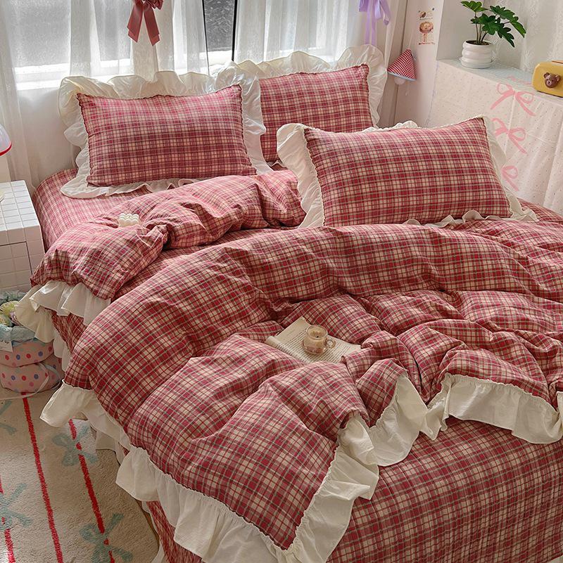 Princess Style Crinkled Gauze Lace Bedding Set - 4-Piece Washable Cotton Plaid Double Duvet Cover for All Seasons