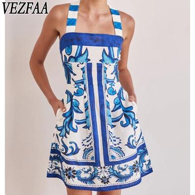 Dámska móda Leto Jar Kvetinový vzor Potlač bez rukávov Ležérne šaty s vysokým pásom