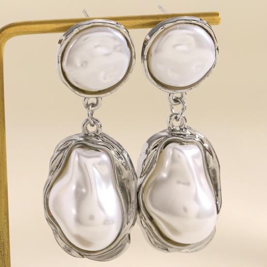 Yousheng 1 Pair Drop Earrings for Women, Irregular Baroque Imitation Pearl Design Stud Earrings, Double-Layered Pendant French Style Earrings for