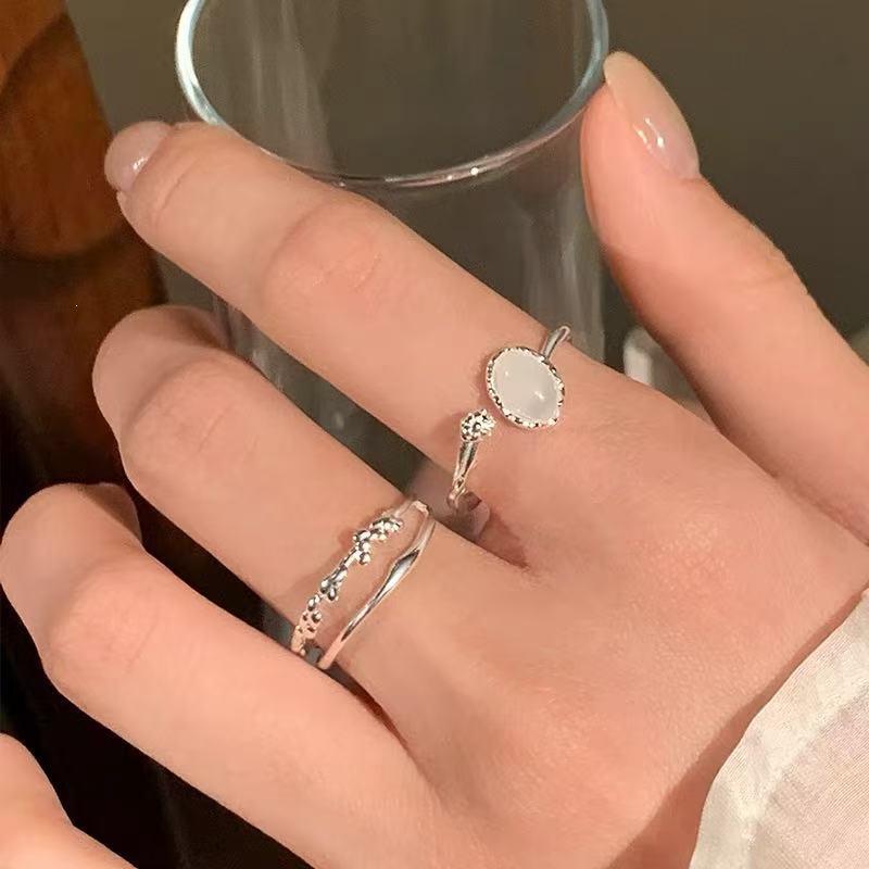 Damen 925 Sterling Silber Mondstein Offener Ring - High-End Light Luxury Zweilagiger Bandring