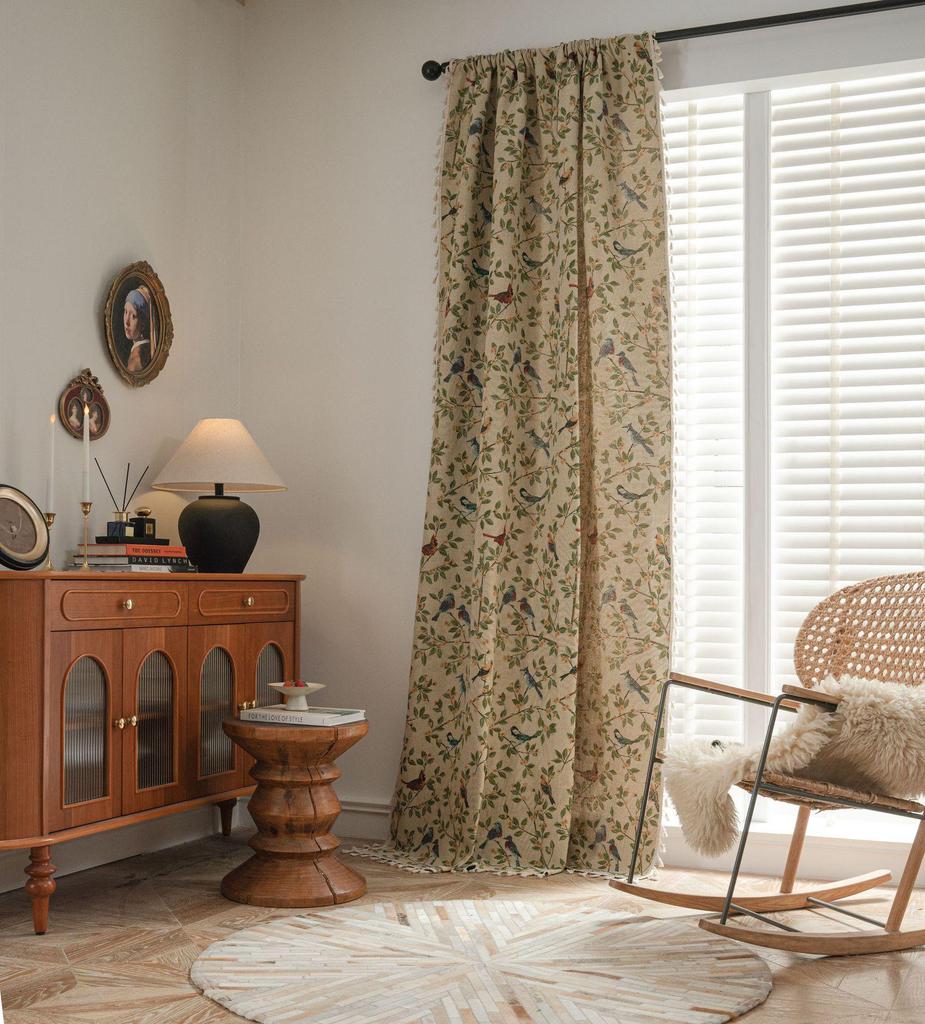 Imanqi Yun Jacquard Floral & Bird Pattern Semi-Blackout Curtains for Bay Windows & Kitchens