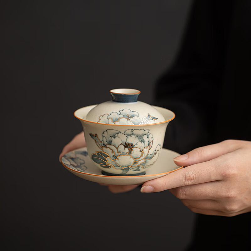 Sushi Keramik Handbemalt Blau & Weiß Pfingstrose Gaiwan