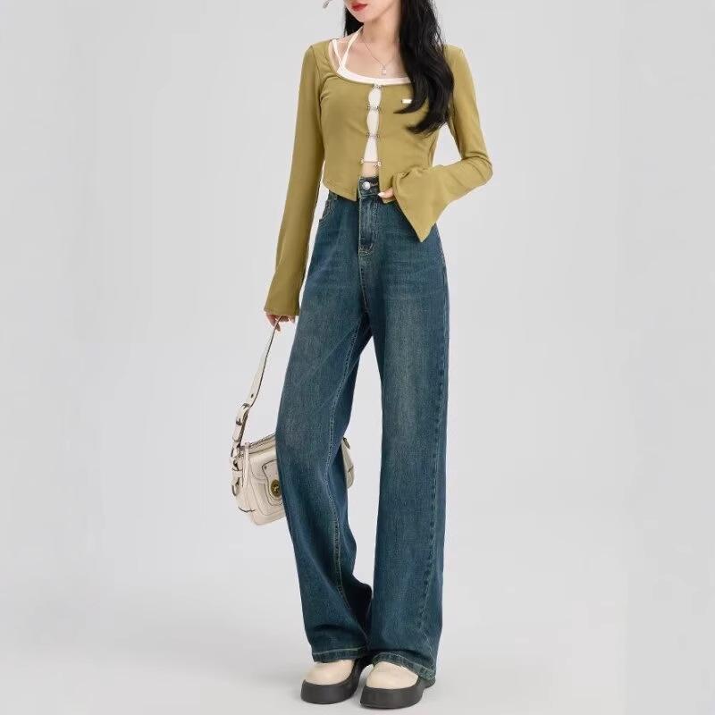 2024 Women's High Waist Retro Wide-Leg Jeans - Slimming, Loose Fit, Floor-Length for Spring & Autumn