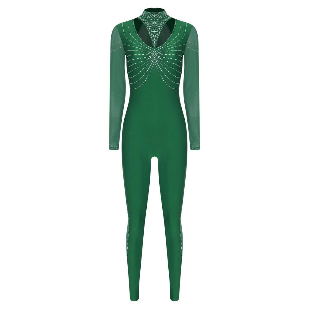 Mono de Gimnasia para Mujer con Pedrería Brillante en Parche, Cuello Mock, Manga Larga, Cremallera Invisible Trasera, Monos