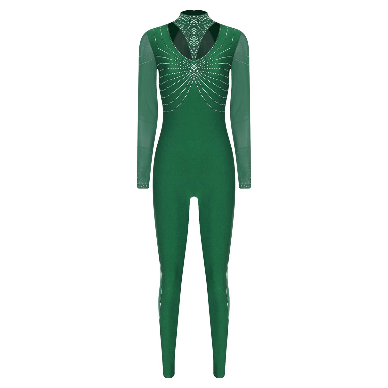 

Жіночий гімнастичний комбінезон блискучі стрази печворк імітація горловини довгий рукав ззаду потайна блискавка ромпери S темно-зелений колір