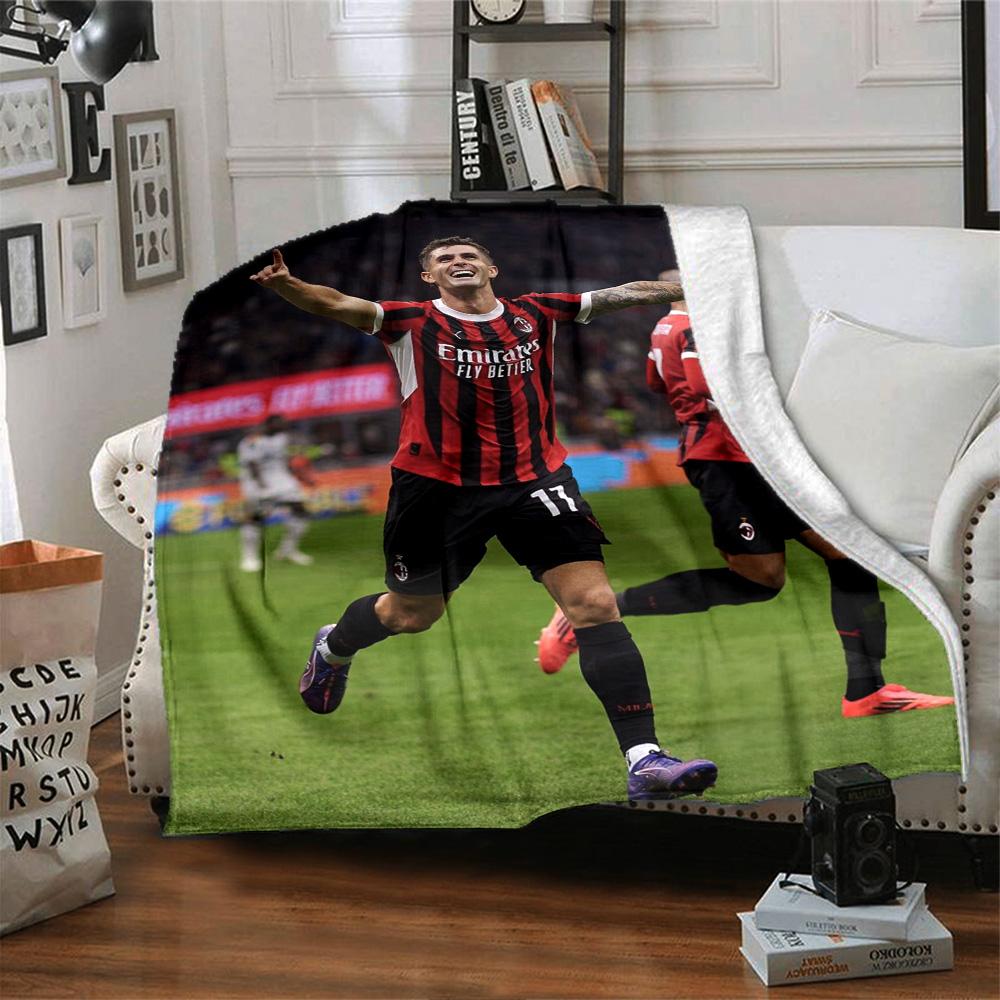 AC Milan Pulisic Football Player Flannel Throw Blanket, Soft Warm Sofa Bed Cover, Soccer Fan Home Decor Gift for Living Room Bedroom
