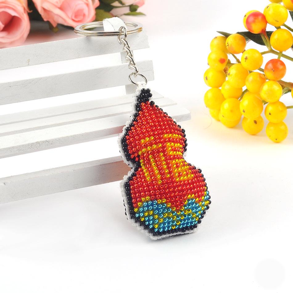 Colorful Fu Lu Gourd Keychain with Beaded Embroidery and Wave Fu Symbol