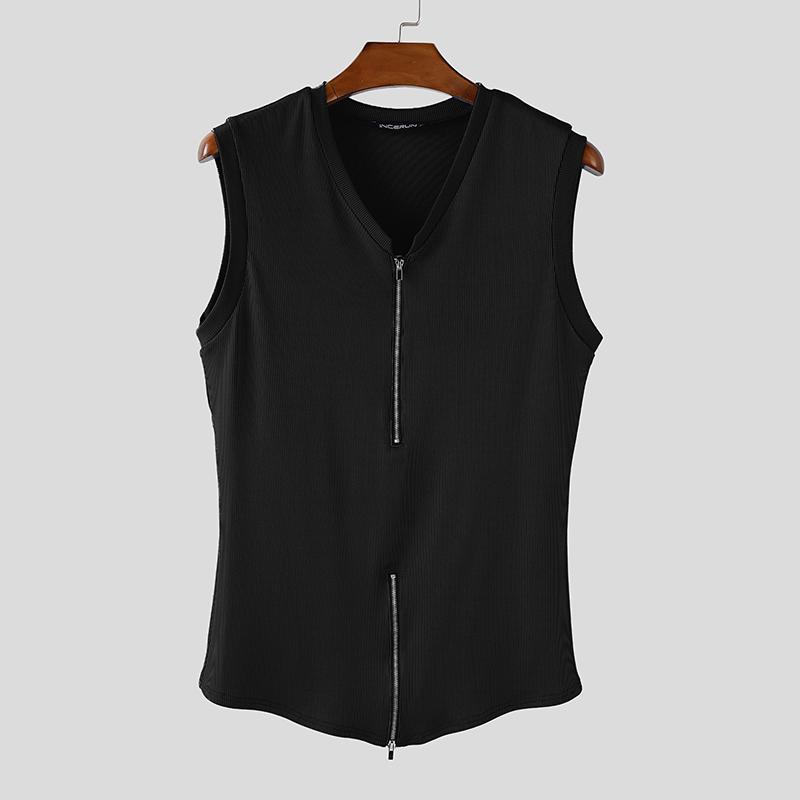 

INCERUN Mens V-neck Sleeveless Solid Color Zip-up Casual Rib Tank Tops 4XL