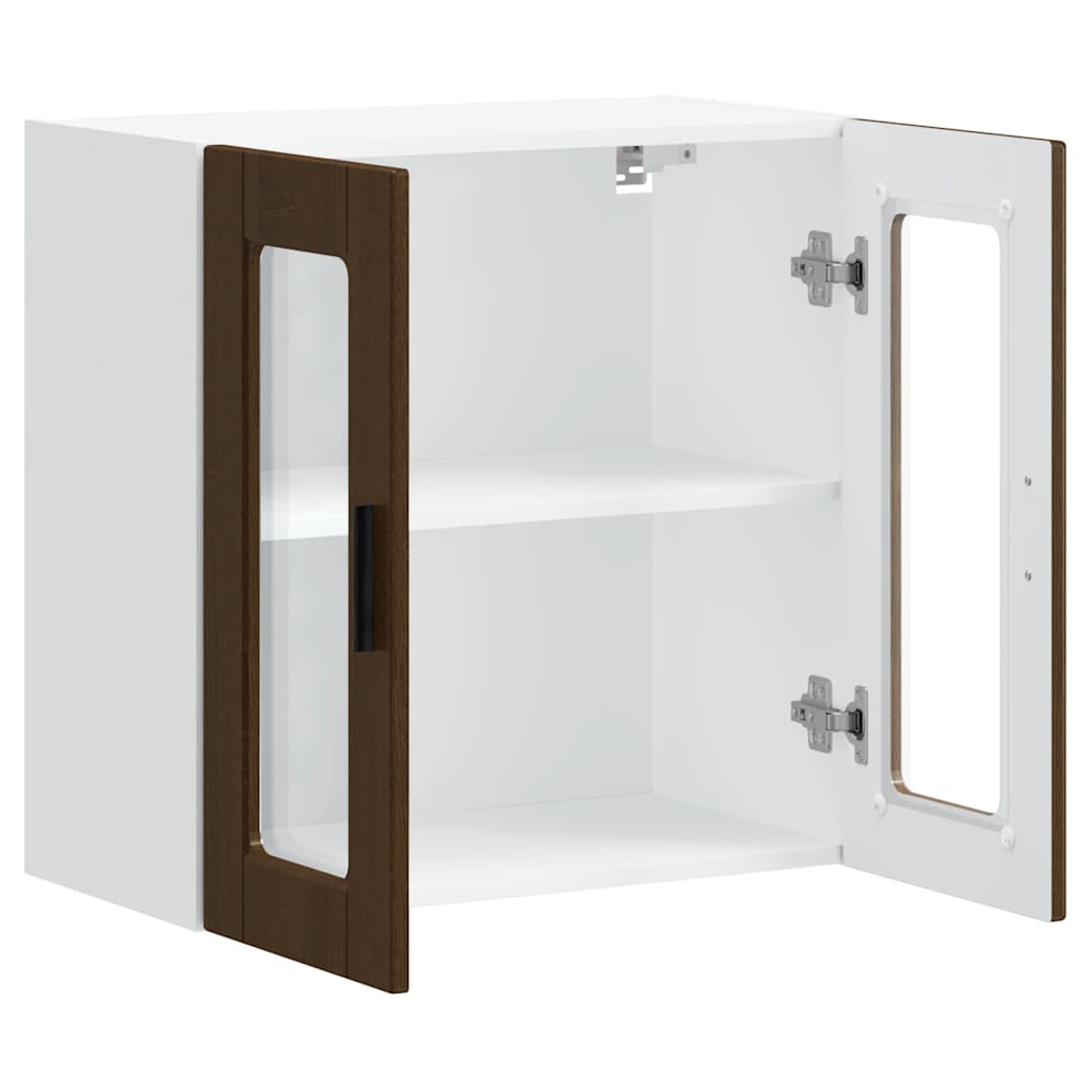 Wall Mounted Kitchen Cabinet with Glass Door Porto Collection Brown Oak Effect
