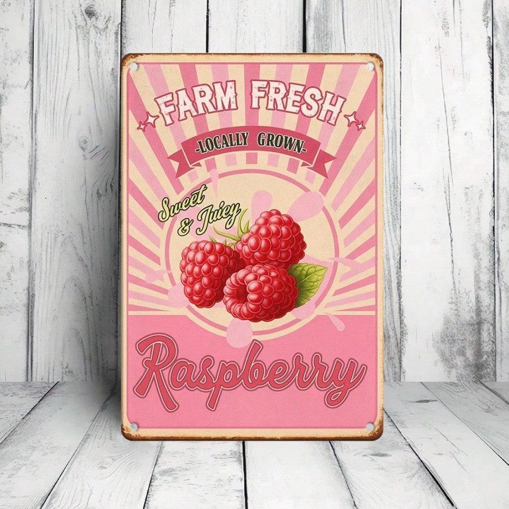 1pc Retro Farm Fresh Raspberries Tin Sign 12x8 Inch, 2D Flat Metal Plaque Vintage Food Wall Decor for Kitchen Bar Cafe