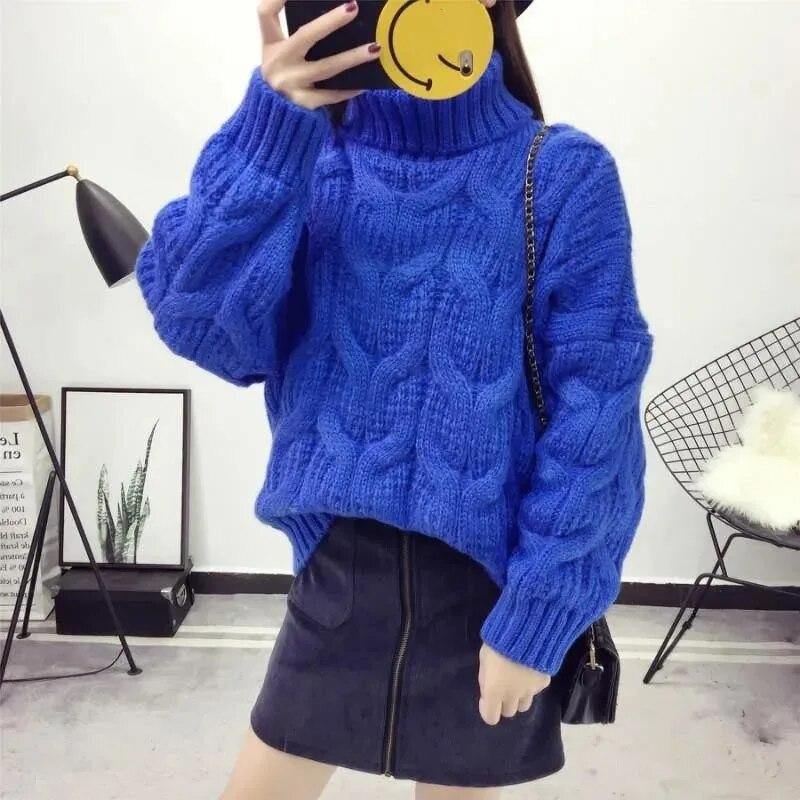 Turtleneck Sweater Thickened Loose Crochet Stripe Women Short Knit Pullover Warm  Pull Jumper Casual Commuting New Fashion Autumn Winter