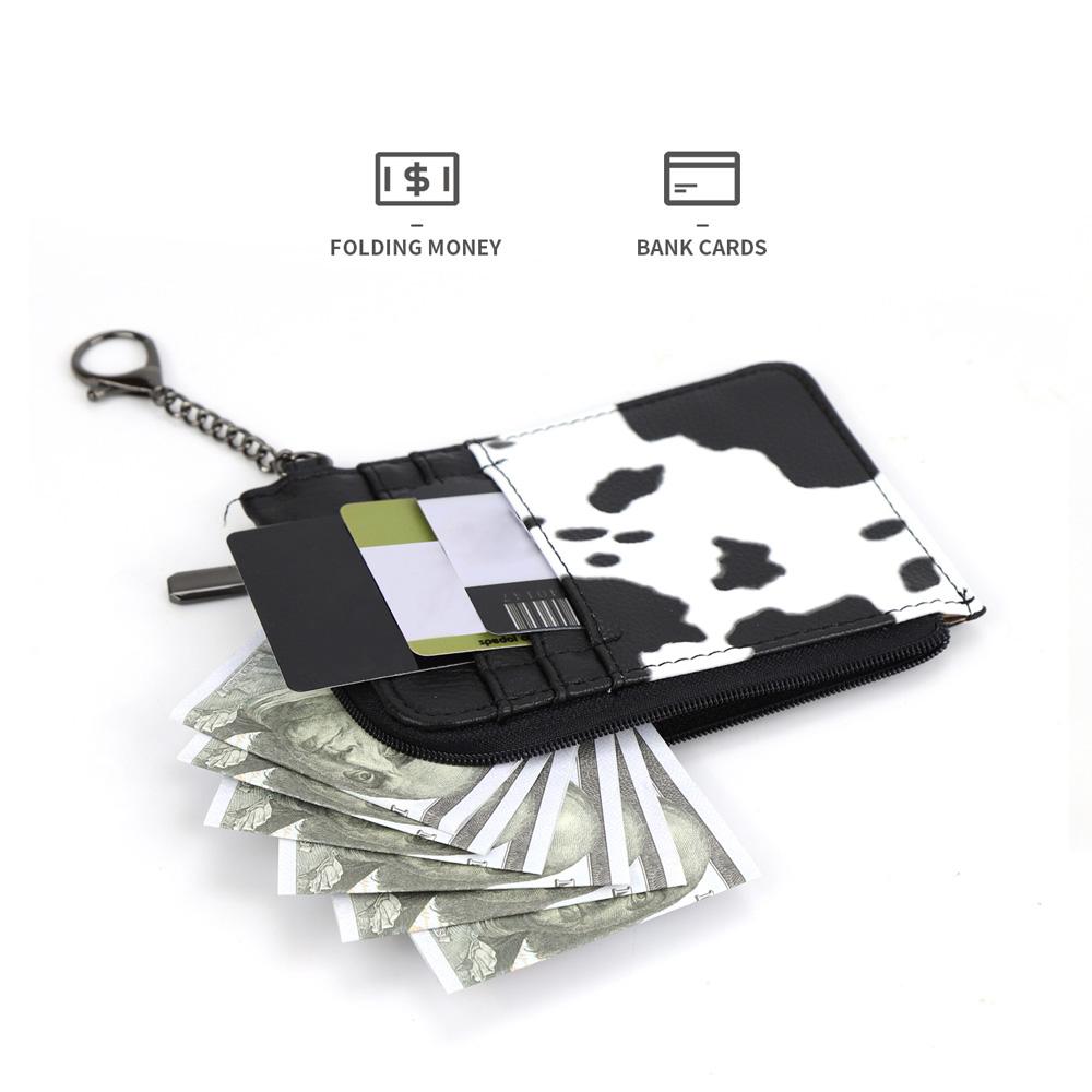 Full Cow Print Women Credit Card Holder Wallet Women Small Cute Keychain Wallet with A Zipper Pocket Thin Slim Minmalist