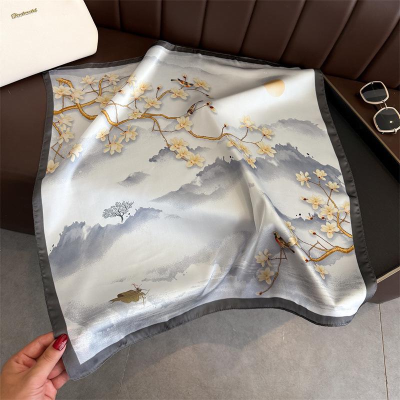 Magnolia flower branch Yiyun printing silk scarf square scarf high-end shawl sunscreen neck small square scarf headscarf women's scarf