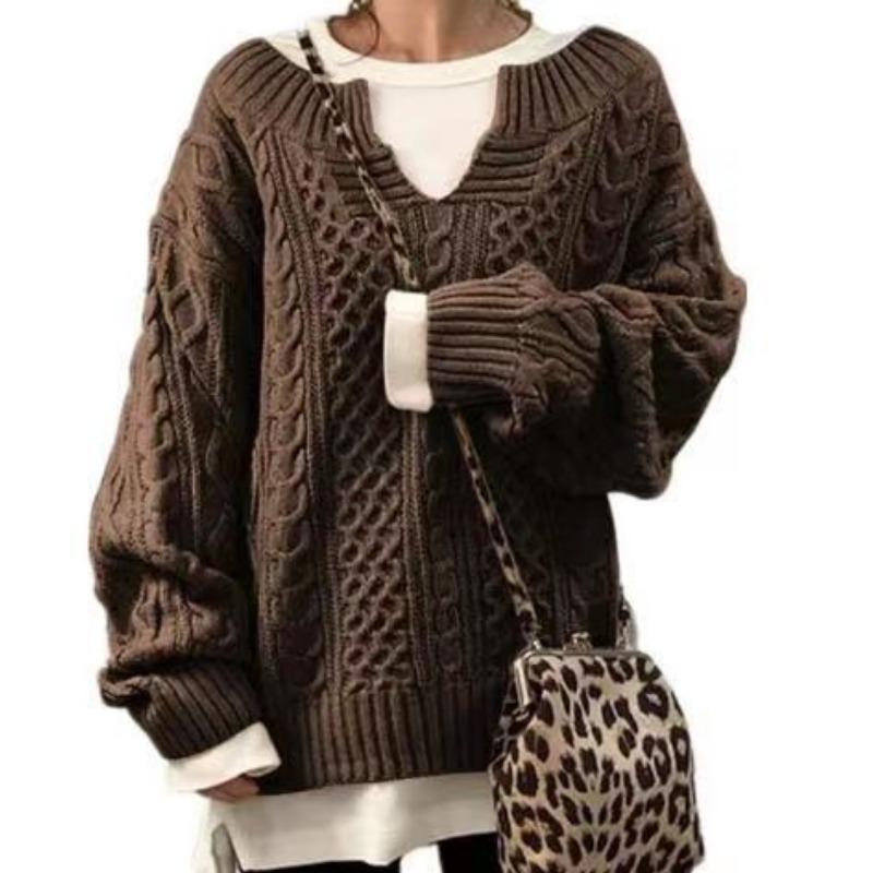Women's Chunky V Neck Sweater Long Sleeve Loose Cable Ribbed Knit Pullover Jumper Tops
