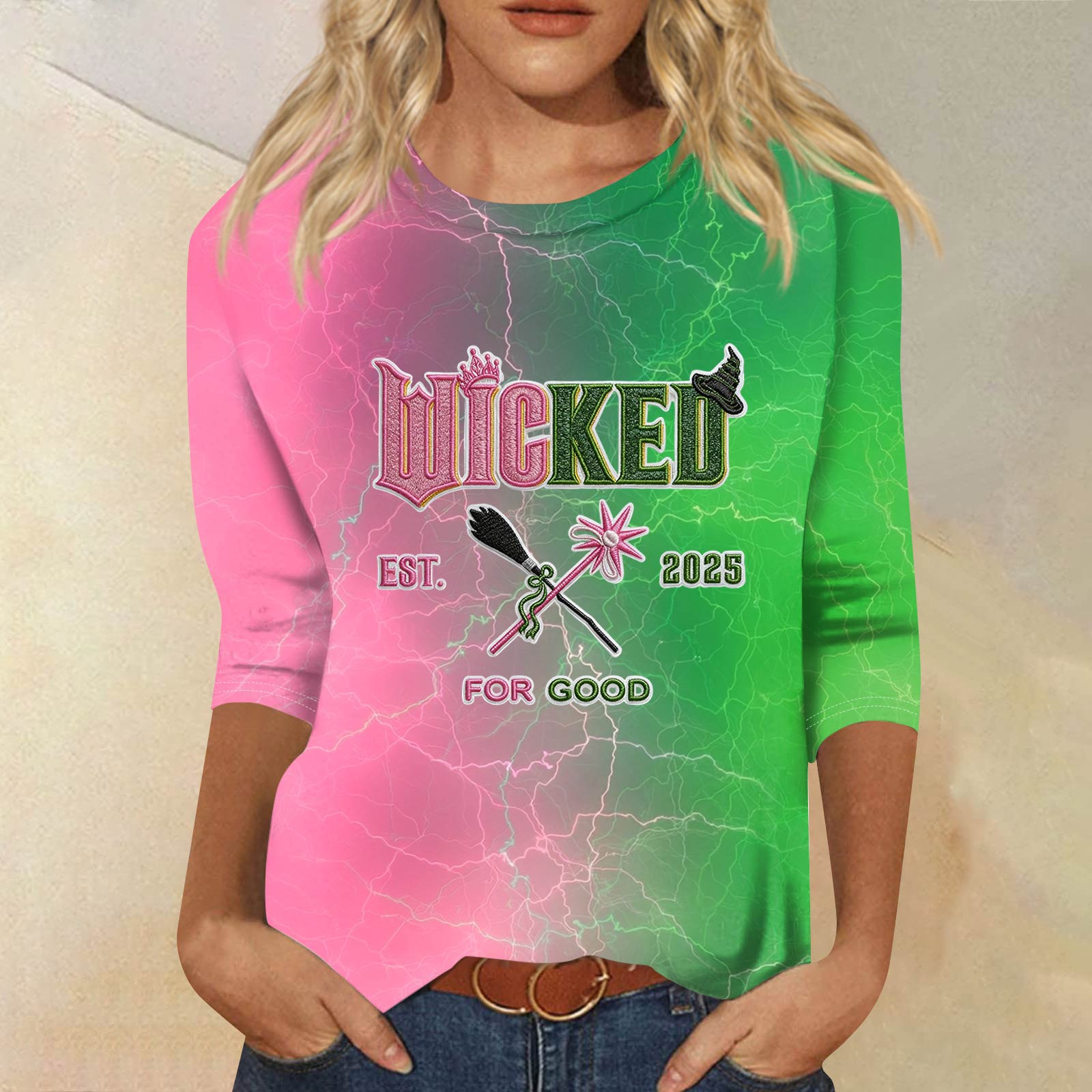 

Женский модный повседневный топ с принтом, рукавом три четверти и круглым вырезом XXL