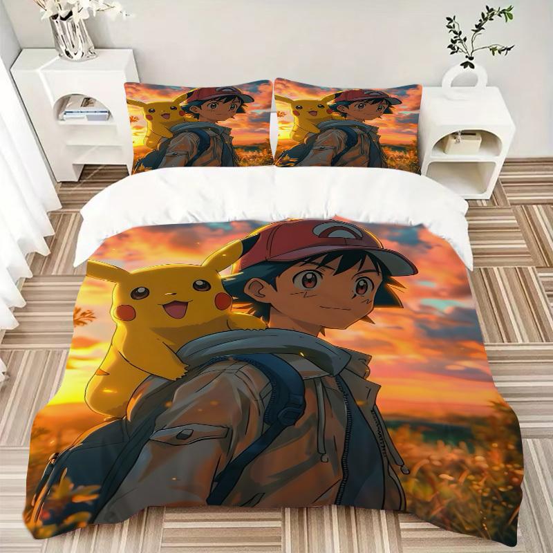 3pcs bedding set Pokémon Trainer Pikachu Includes 1 Comforter + 2 Pillowcases, Without Pillow Inserts, Soft Comfortable, Lightweight Breatha