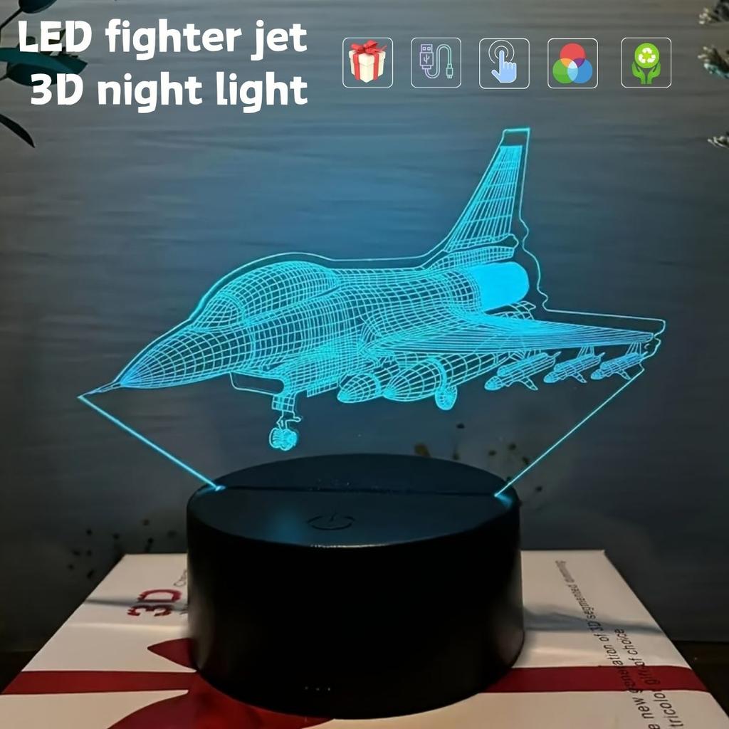 Fighter aircraft 3D night light, 3D optical illusion light with touch, bedroom 7-color color changing ambient light