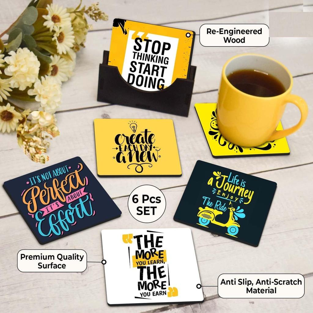 Tea Coasters Set of 6, Beautiful Design with Stand for Tea Cups, Coffee Mugs, and Glasses, Ideal for Diwali Gifting (Inspirational Quotes)