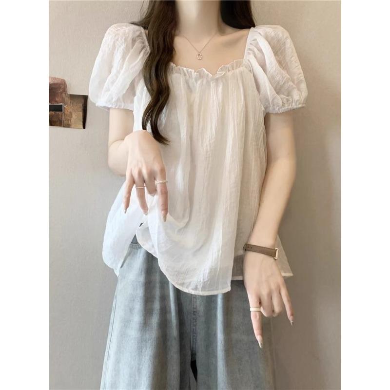 

Женские топы с короткими рукавами-буфами, Французская элегантная женская футболка, Летняя милая универсальная женская одежда XXL белый
