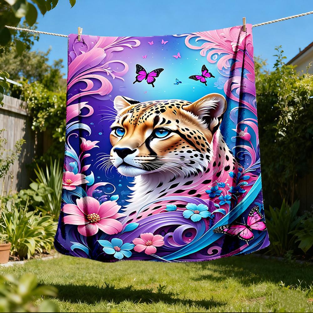 1pc Cheetah Floral Butterfly Throw Blanket Polyester Fiber, Lightweight Flannel, Soft & Warm, All Season Use for Outdoor, Camping Digital Print