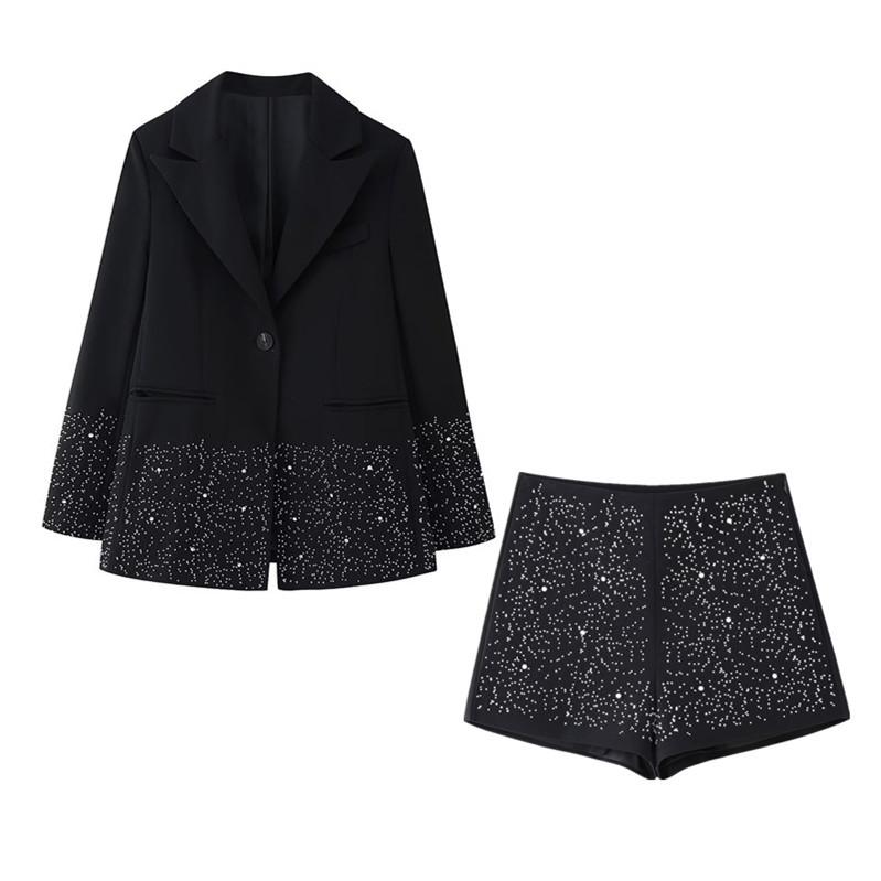 

Spring 2025 Women s Chic Rhinestone Patchwork Suit & High-Waisted Shorts Set M