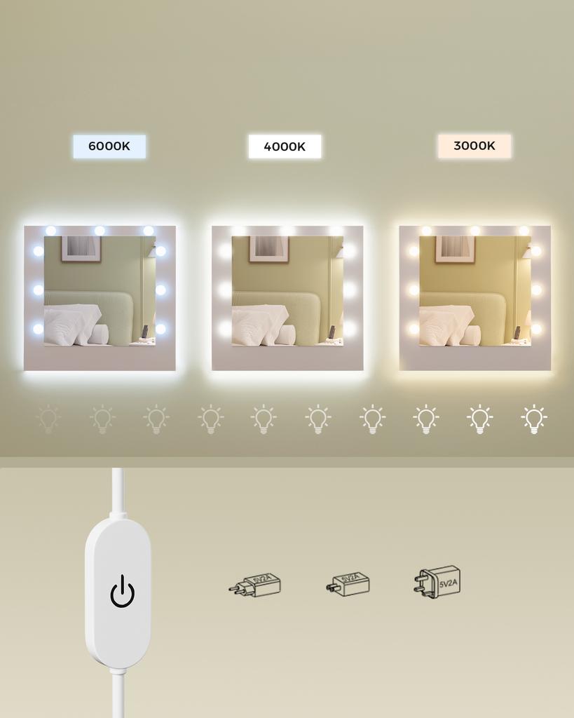 VASAGLE Coleção Kailyn RDT142WB02 Toucador com Espelho e Luzes LED, Régua de Tomadas, 2 Armários, 9 Lâmpadas Reguláveis, 3 Cores de Luz