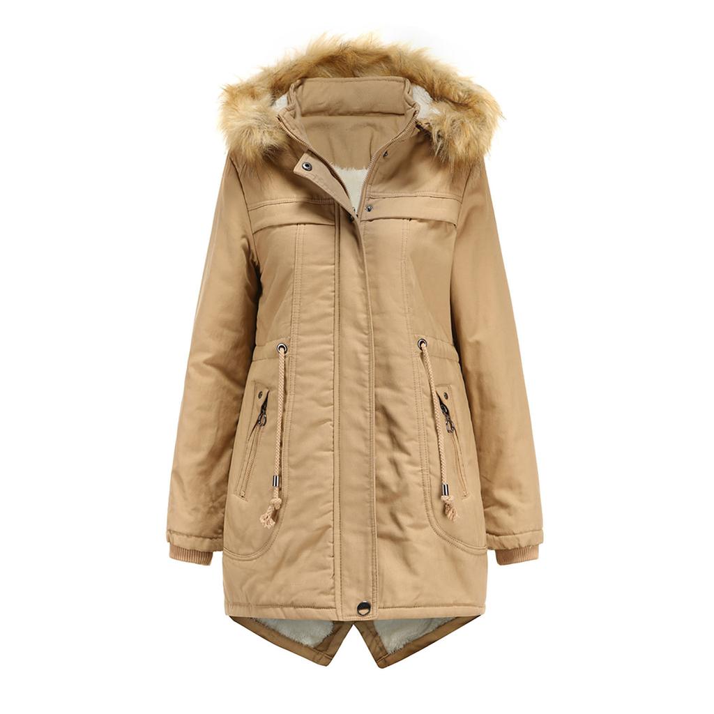 Women's Winter Mid-Length Fleece Detachable Hat Warm Jacket Cotton Coat