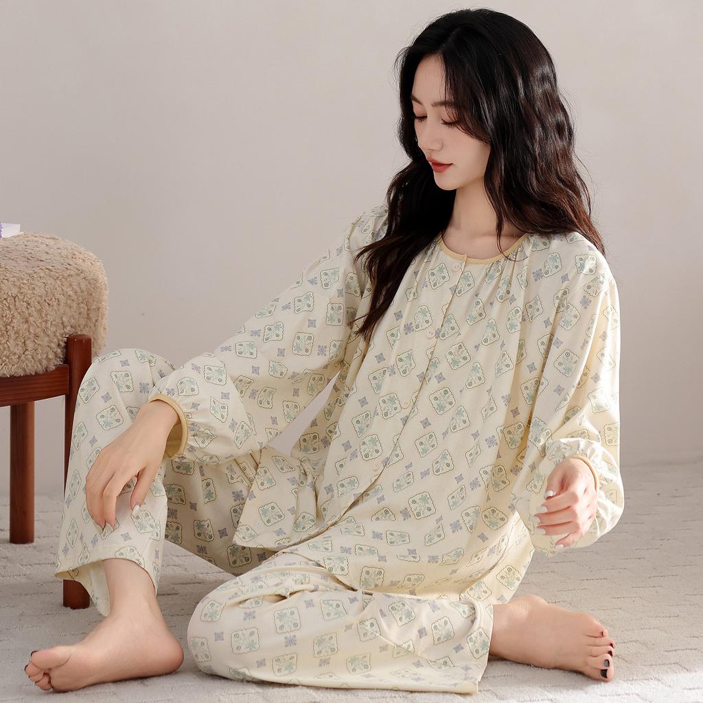 Pajamas women's spring and autumn pure cotton long-sleeved chest pad middle-aged mother autumn 1011 new anti-bumping loungewear