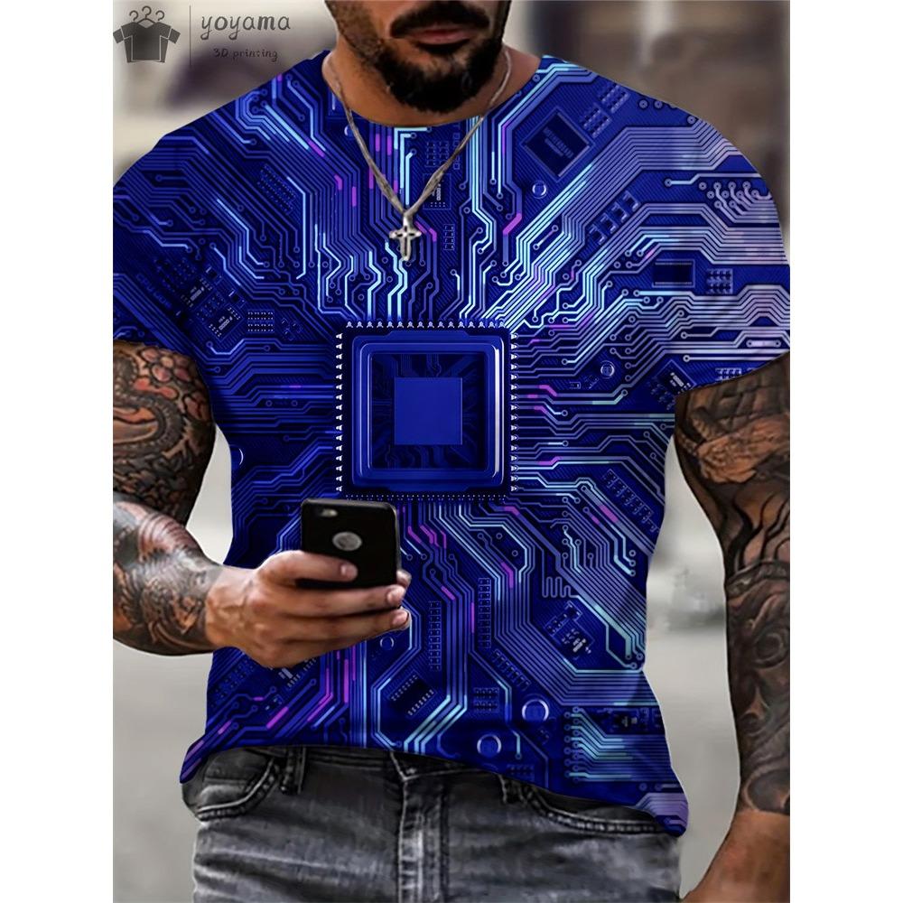 Summer Men Circuit Board Electronic Chip Creative Graphics Fashion Short Sleeve Oversized T-shirt