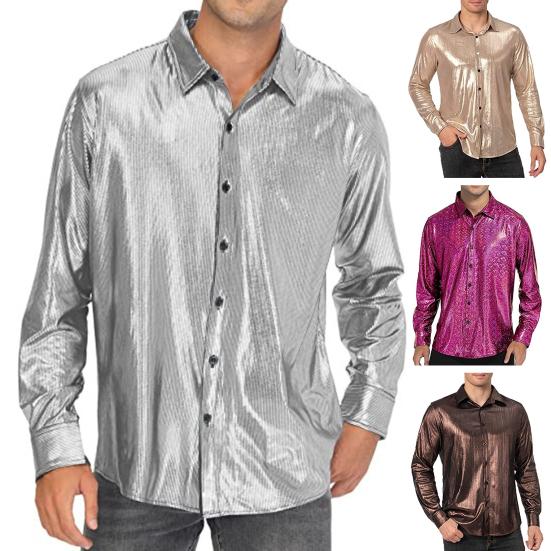 Men Casual Shirt Lapel Long Sleeve Single Breasted Shirt Tops Solid Color Loose Fit Twill Glossy Tops Daily Wear