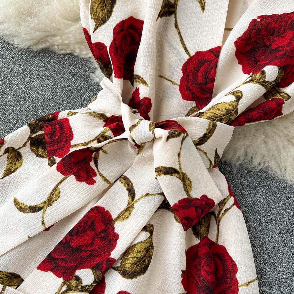 RUGOD Retro Print Dress 2022 Summer New Goddess Fan Temperament V-Neck Tie Waist Thin Mid-Length Dress