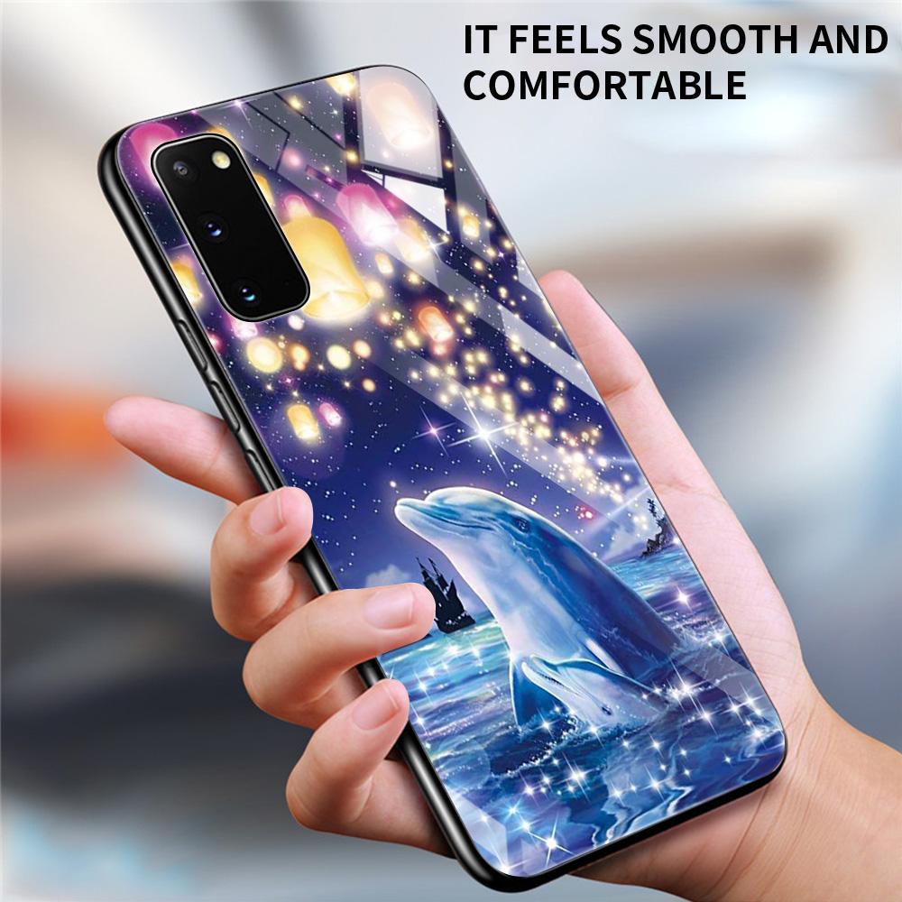 Blue Sea Animal Cute Dolphin Glass Case For Samsung Galaxy S21 S20 Ultra S10 Plus Lite S20fe 5g S10e S9 S8 Bumper Cover Funda