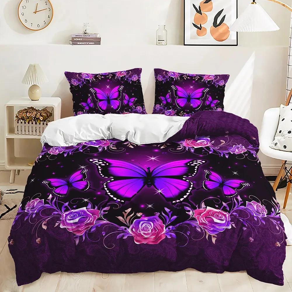 Purple Butterfly Rose Bedding Sets Fashion Duvet Cover Sets Twin Full Queen King Size Pillowcase for Kids Adult Gift Bed Linen