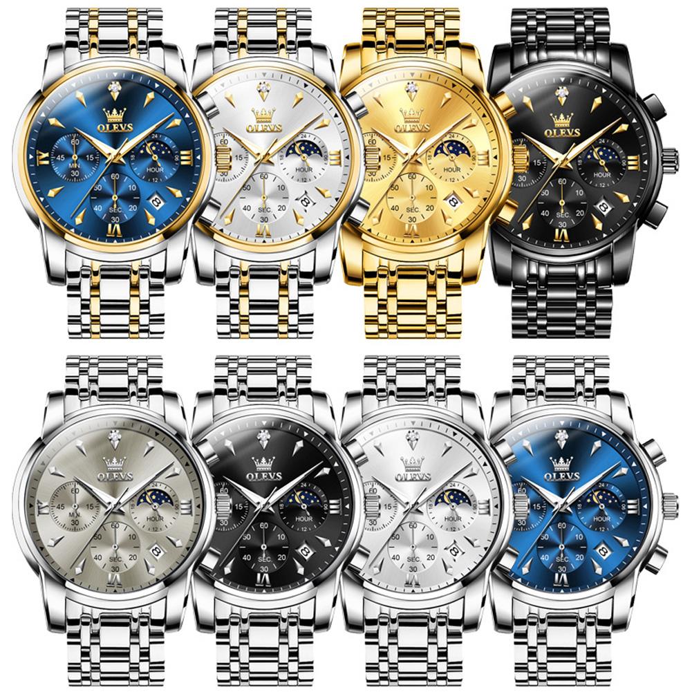 OLEVS Moon Phase Original Mens Watches Classic Three Eyes Waterproof Luminous Chronograph Quartz Wristwatch Brand Watch