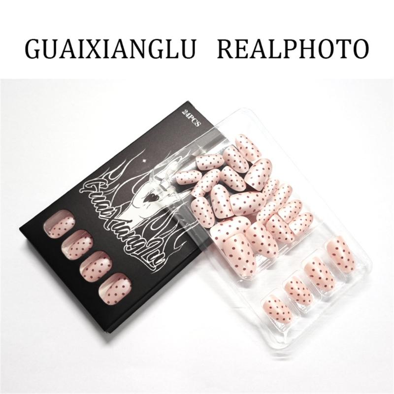 24 Pieces Short False Nail Glossy Oval Coffee Dots Full Cover Press On Nail Fashion Nail Decoration for Daily Party Wear