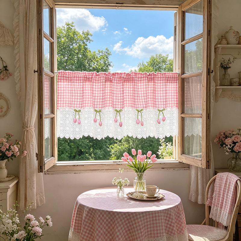 Moderne Klassieke Roze Geruite met Wit Bloemenkant Cafe Gordijn Roze Tulp Decor Klein Gordijn Voor Woonkamer Keuken en Deuren S Rod Pocket&1 panel