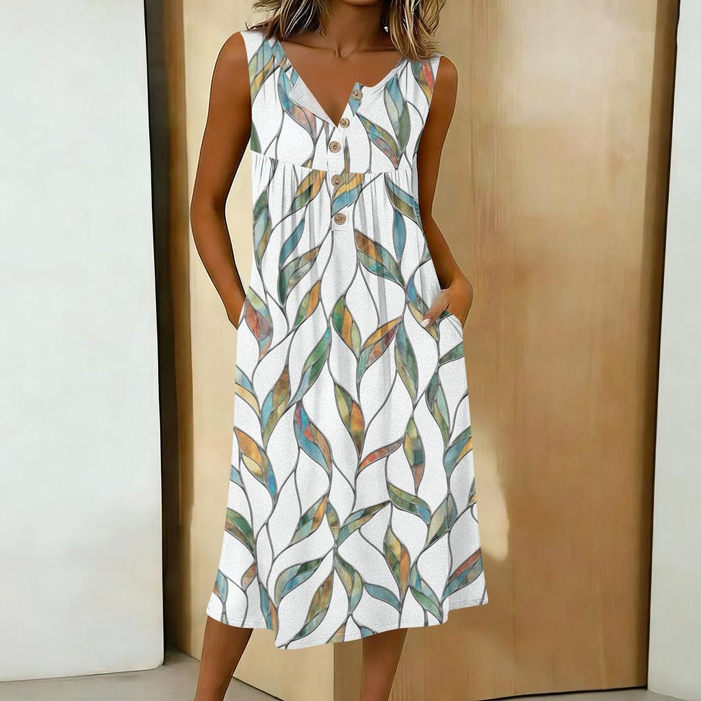 Women's Casual Sleeveless Button-down Mid-length Dress