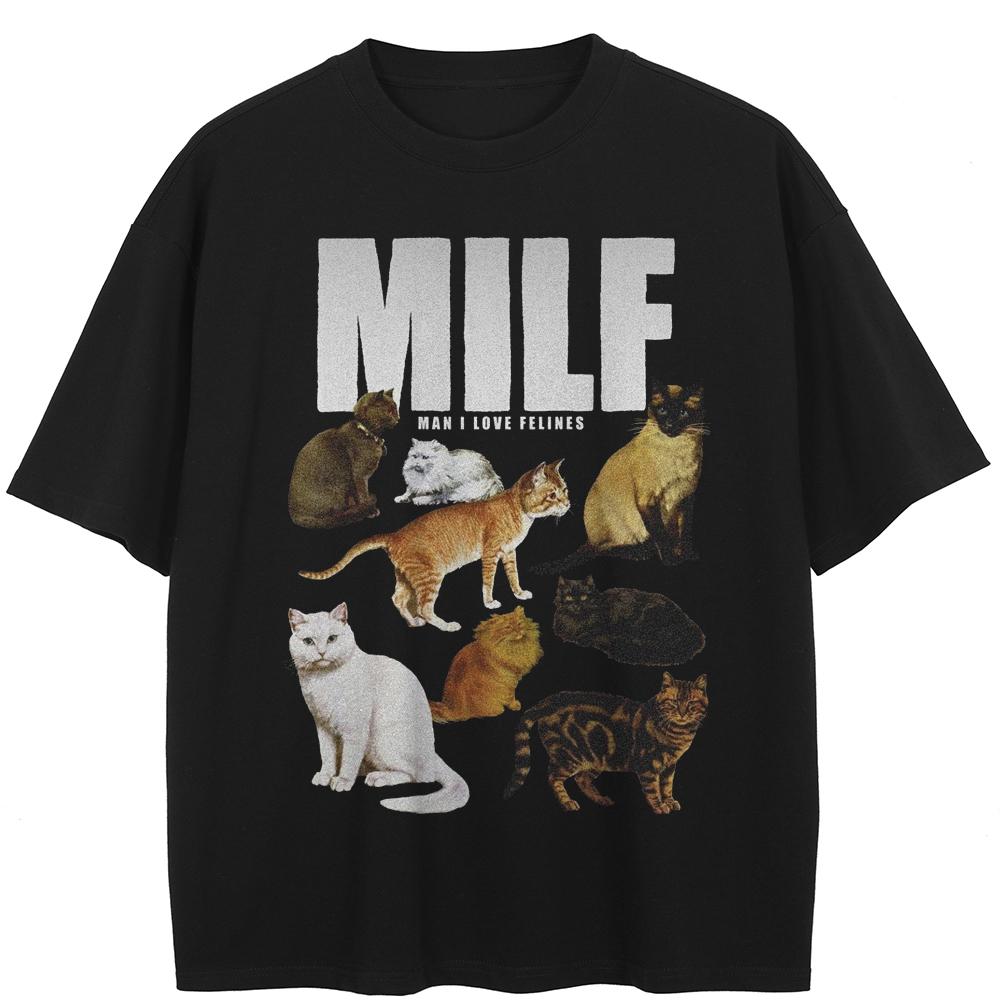 2026 Unisex Washed Black T-Shirt Streetwear QUARTER 24 Cats Graphic A37T033