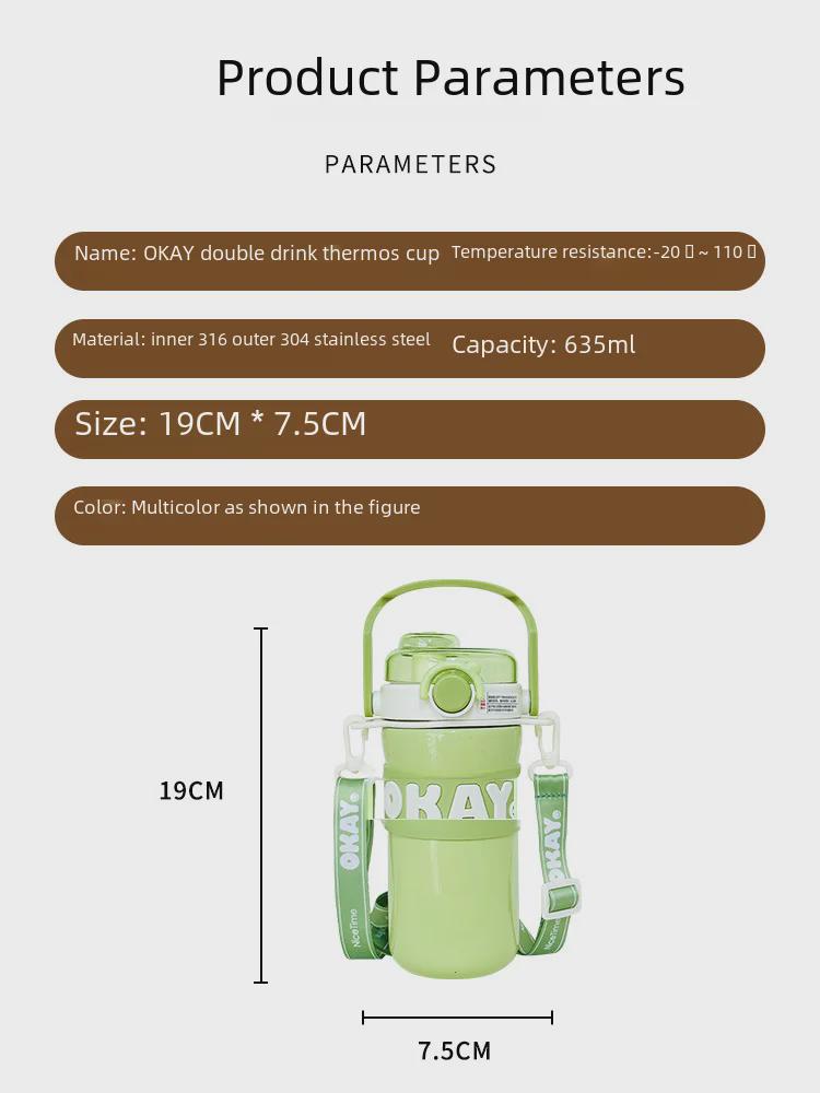 Girls' Stylish 316 Stainless Steel Thermos Cup with Straw & Crossbody Strap, Dual-Opening, 2023 Model