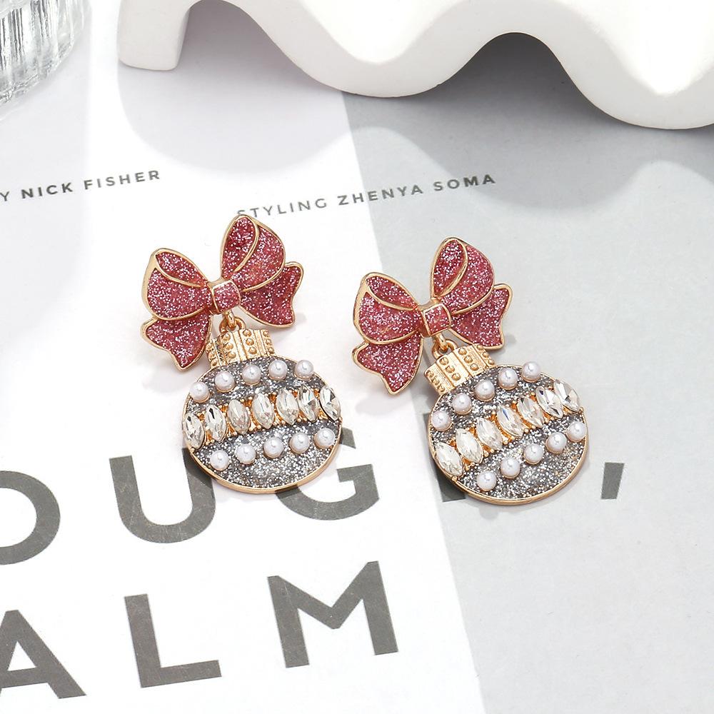 New Colorful Oil Drop Bow with Diamonds Colored Ball Pendant Earrings Christmas Cute Disco Ball Earrings