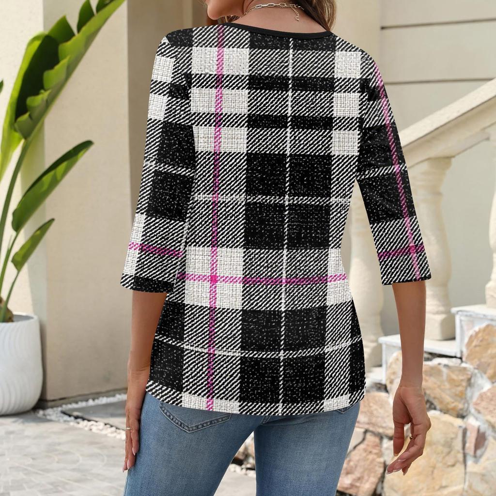 Women's Fashionable Casual Three Quarter Sleeve Printed Collar Pullover Top