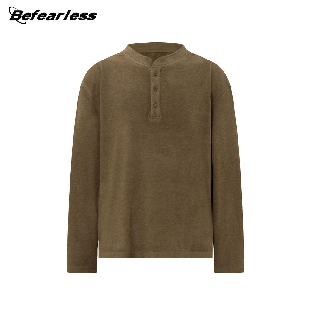 Unisex Retro Wool Henley Long Sleeve T-Shirt - Loose Fit Autumn Base Layer