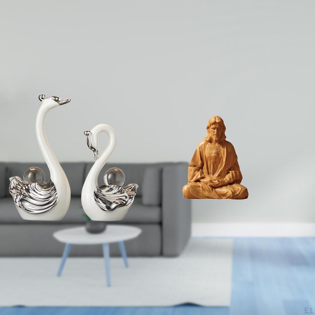 Porcelain Swan And Sacred Heart Jesus Figurine Collection Elegant Animal Religious Statue Gift