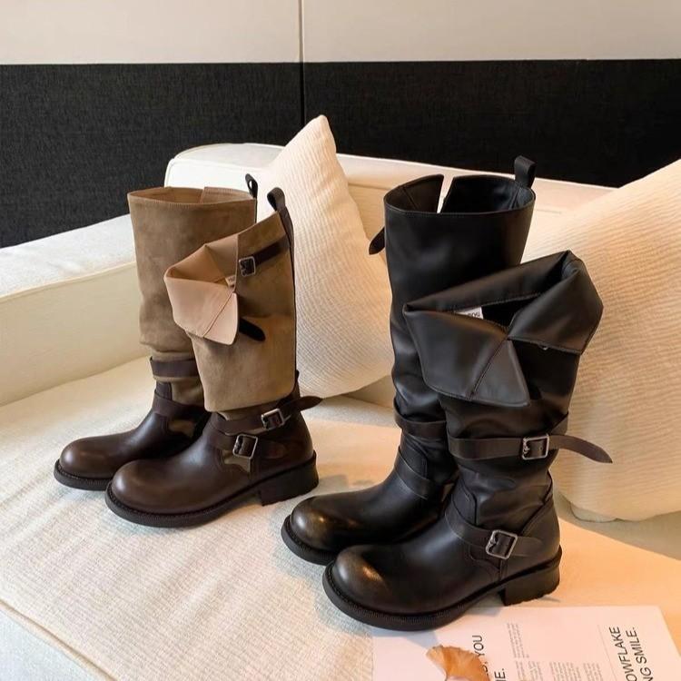 Soft leather version retro old polished pleated boots women's belt buckle color matching locomotive boots thick heel tall knight boots
