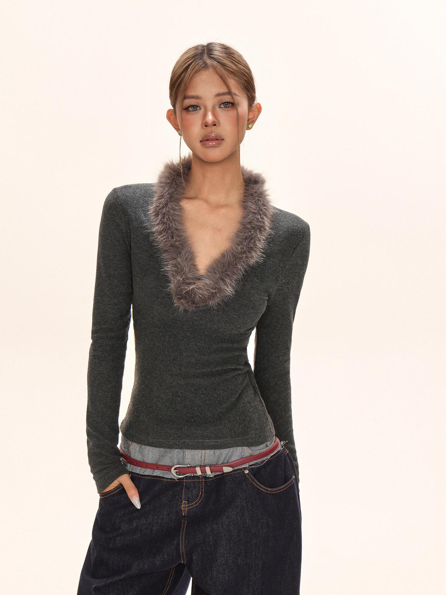 

Women s American Retro Furry V-neck Long-sleeve Slimming Top - 2026 Spring Collection L темно-серого