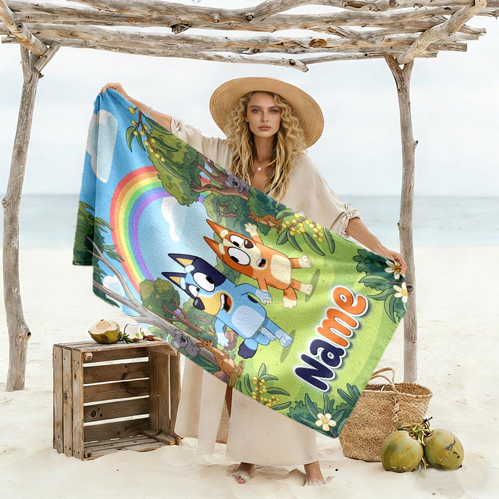 Bluey's Balloon Adventure Customizable Name Beach Towel High Absorbency & Quick-Dry Suitable for Swimming Gym Camping Yoga Vacation